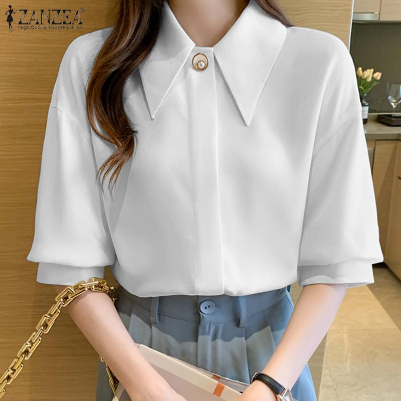 

ZANZEA Женская блузка Летняя повседневная откидная рубашка с воротником 3/4 рукава рубашки