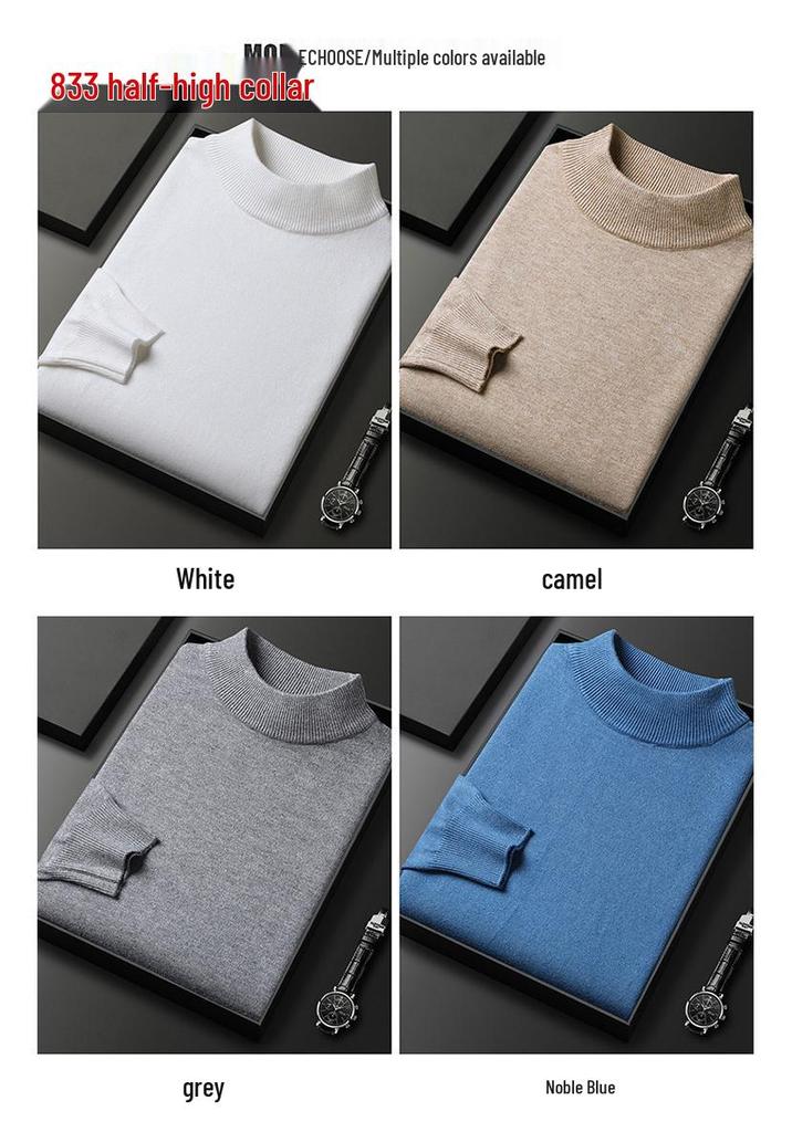 Men's High Neck Slim Fit Knit Sweater - Solid Color, Stretchy, Warm Autumn/Winter Wear for All Ages