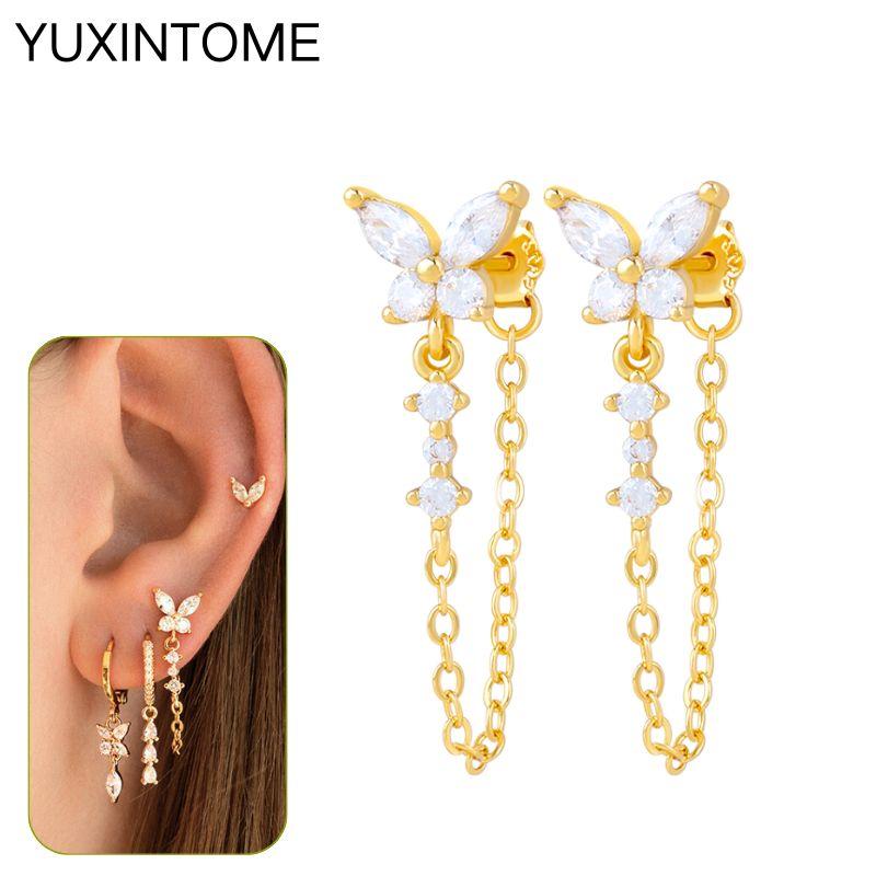 925 Silbernadel Exquisite Weiße Zirkon Steckerohrringe für Damen Geometrische Lange Kette Quaste Ohrringe Luxuriöser Schmuck