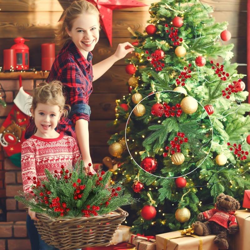 60x Christmas Artificial Pine Branches Red Berry Greenery Pine Picks Home Decor