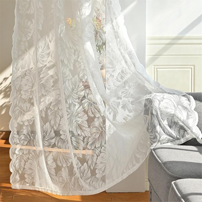 Leaf Embroidered White Sheer Curtains Rod Voile Drapes for Bedroom and Living Room for Privacy Protections Decors