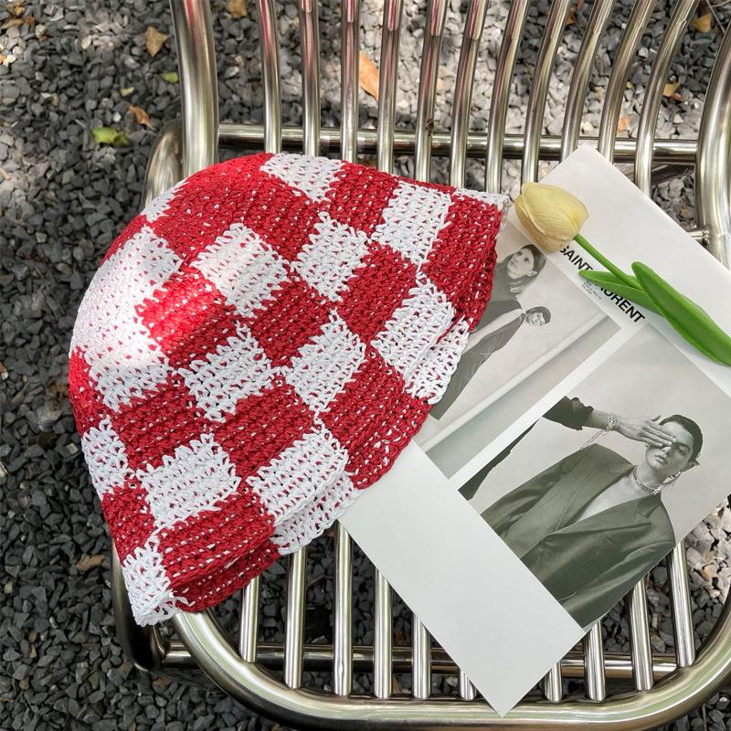 

И Лето Весна Нишевый Цвет Клетчатая Панама Личность Соломенная Шляпа Рыбака красный