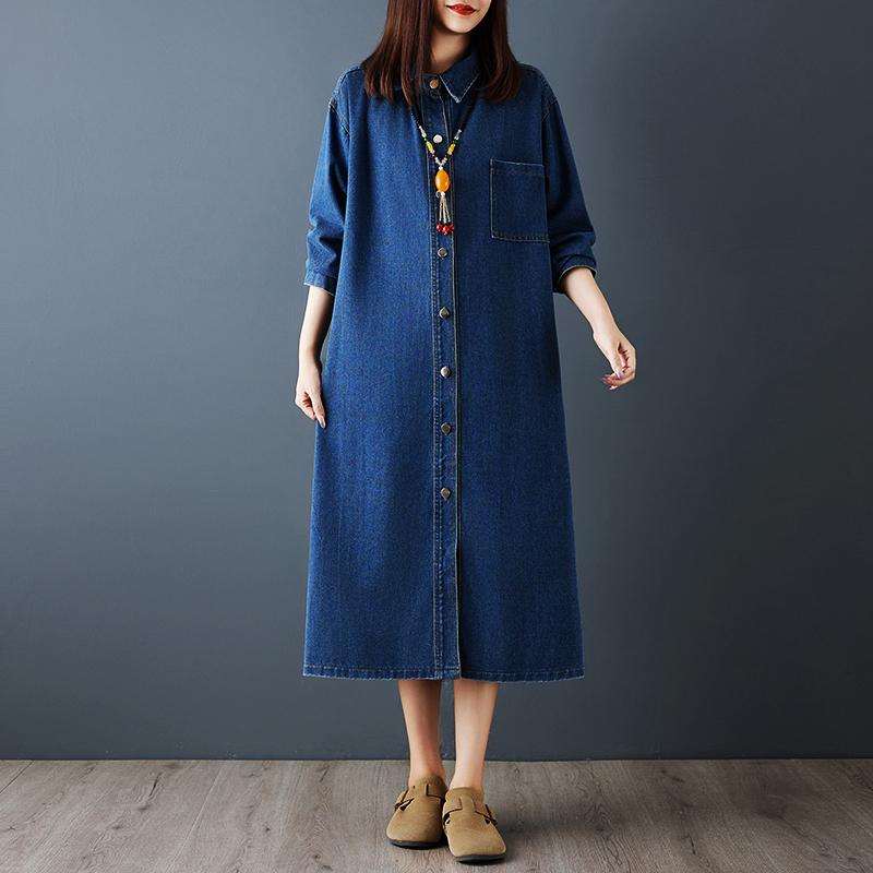 

Fashion Long Sleeve Denim Dress Women Vintage Slim Fit Korean Lazy Style Autumn Winter Dress L синій