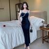 Elegant Gold Velvet Low-Cut Camisole Dress with High-Slit – Perfect for Formal Banquets