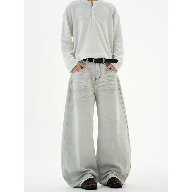 Kisko American Retro Washed Whiskered Baggy Scimitar Jeans Unisex Trendy Loose Straight-Leg Distressed Pants
