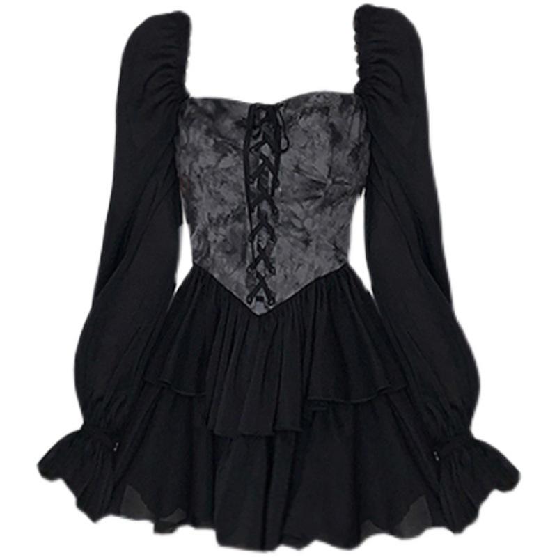 

Hepburn square collar black dress children autumn and winter high-end temperament princess tutu skirt waist small short skirt S