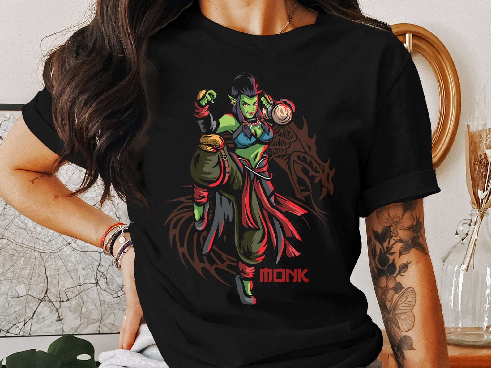 Half Orc Fantasy Monk Character T-Shirt, Tabletop Gaming RPG Apparel, Roleplaying Game Fan Gifts, Orc Warrior Clothing, Dragon Artwork Tee S
