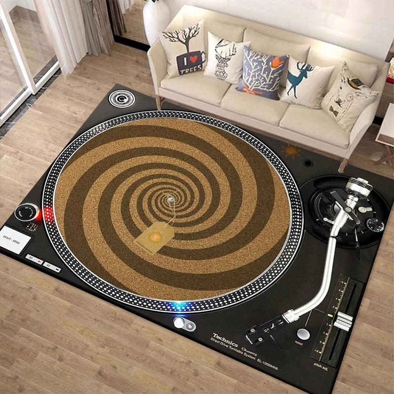 Musikteller Großer Teppich für Wohnzimmer Rutschfester Bodenläufer Schallplattenmuster Retro Plattenspieler Design Einzigartige Heimdekoration 40x60cm