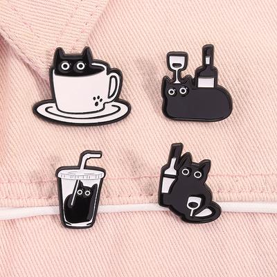 Cartoon Big Eyes Black Cat Enamel Pin Cute Kitten With Coffee Animal Brooches Lapel Backpack Badge Jewelry Gift For Kids Friends