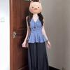 Women V Neck Plaid Sleeveless Ruched Peplum Hem Blouse