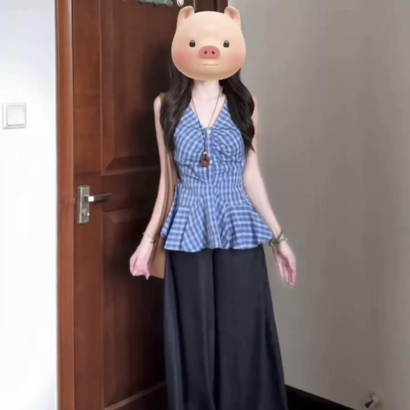 Women V Neck Plaid Sleeveless Ruched Peplum Hem Blouse