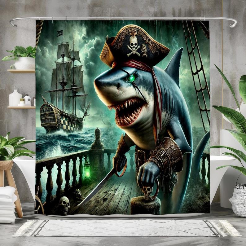 

Pirate Shark Shower Curtain - Nautical Ocean Decor, Pirate Ship Bathroom Art,Sea Adventure Theme, Unique Marine Gift,Gothic Bath W60H190(CM)-1 Pcs