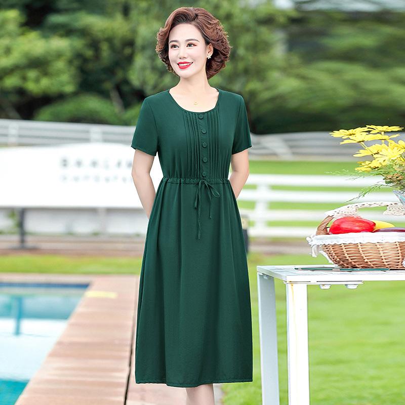 Buy Women's Summer Korean Dress Mother Dress Round Neck Solid Color  Short-sleeved Slim Fit Dress at affordable prices  free shipping, real  reviews with photos  Joom