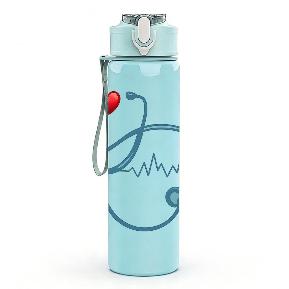 1PC Heart Stethoscope ECG Line Art 750ml Color Plastic Sports Water Bottle Leakproof Flip Straw Lid Suitable for Sports Office Home Use