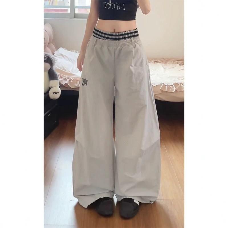 Womens Loose Wide-Leg Cargo Pants With Star Embroidery Elastic Waist Quick-Dry Lightweight