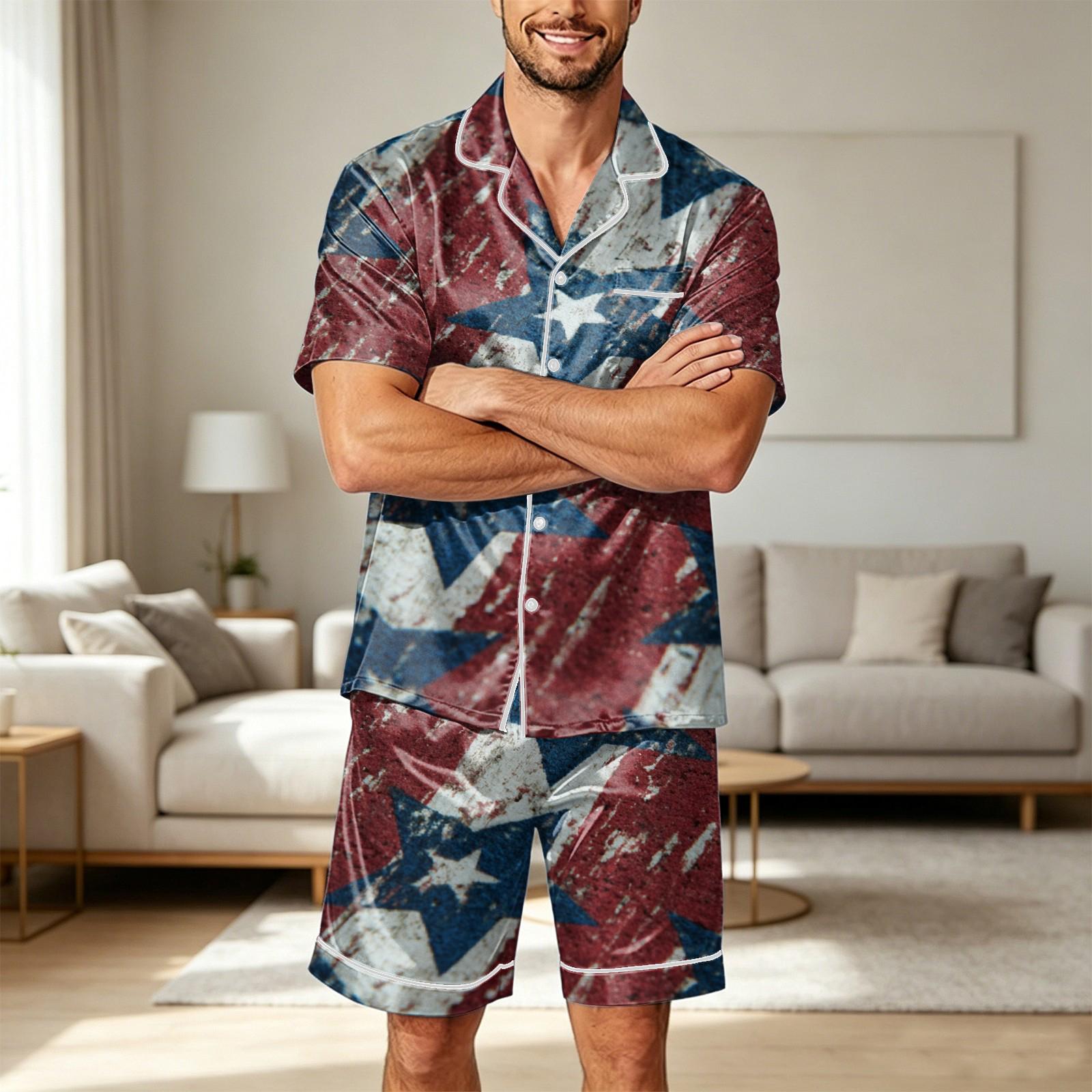 

Men Satin Short Sleeve Pajama Set Two Piece Sleepwear with Shorts and Shirt Pocket Button Down Soft Lightweight Lounge Wear L