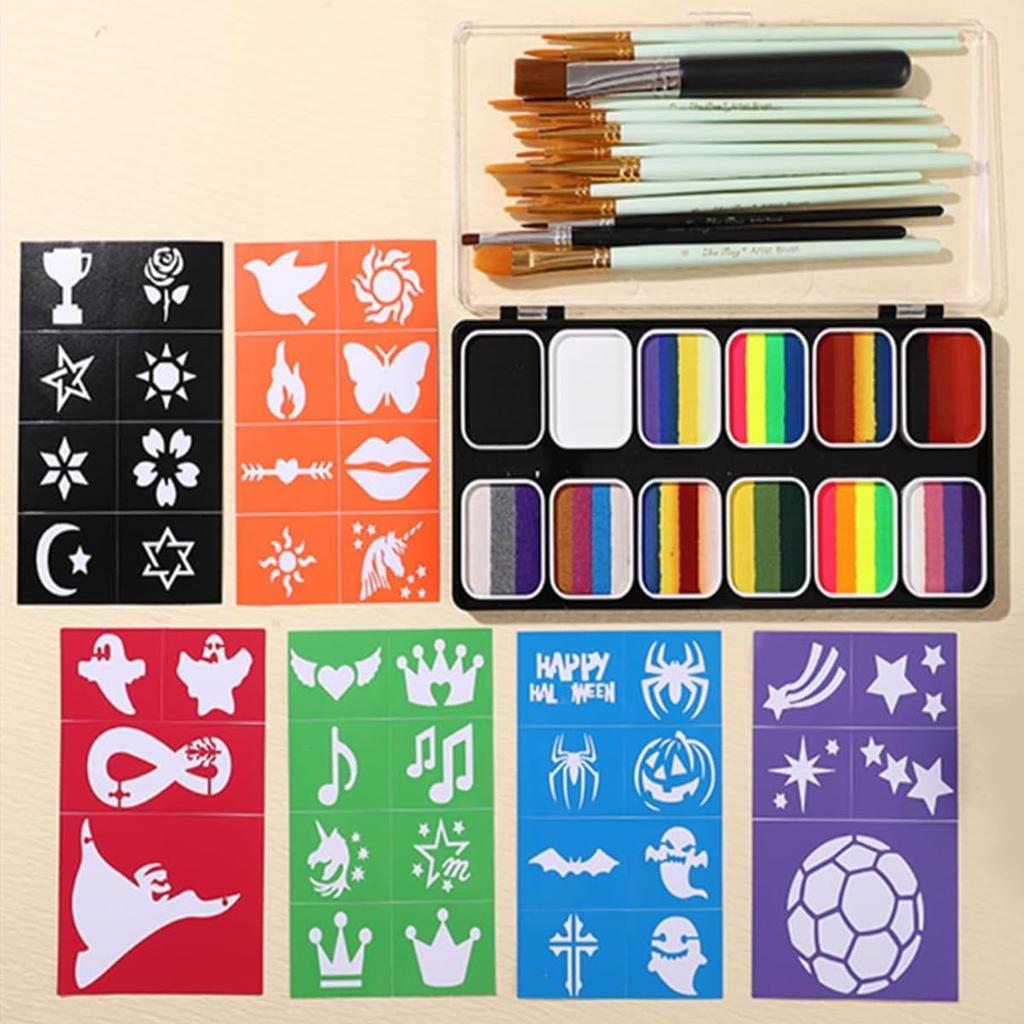 Professional Face and Body Painting Rainbow Stripe Palette with 13 Brushes and 6 Safe and for Face and Body Painting for and Parties Kit,