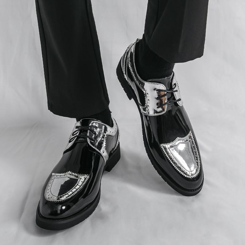 Luxury New Designer Men's Gold Silve Black Mixed Lace Up Fashion Patent Leather Shoes Formal Wedding Dress Homecoming Footwear