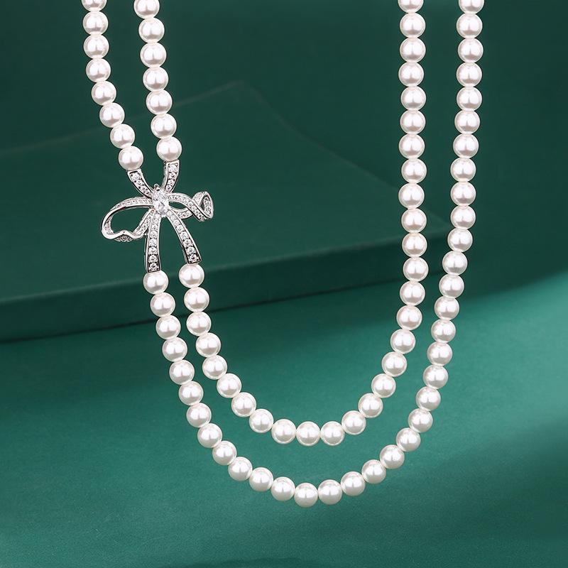 Pearl Set Imitation Pearl Collarbone Chain Bow Double Row Pearl Necklace Women'S Crystal Gemstone Pearl Earrings