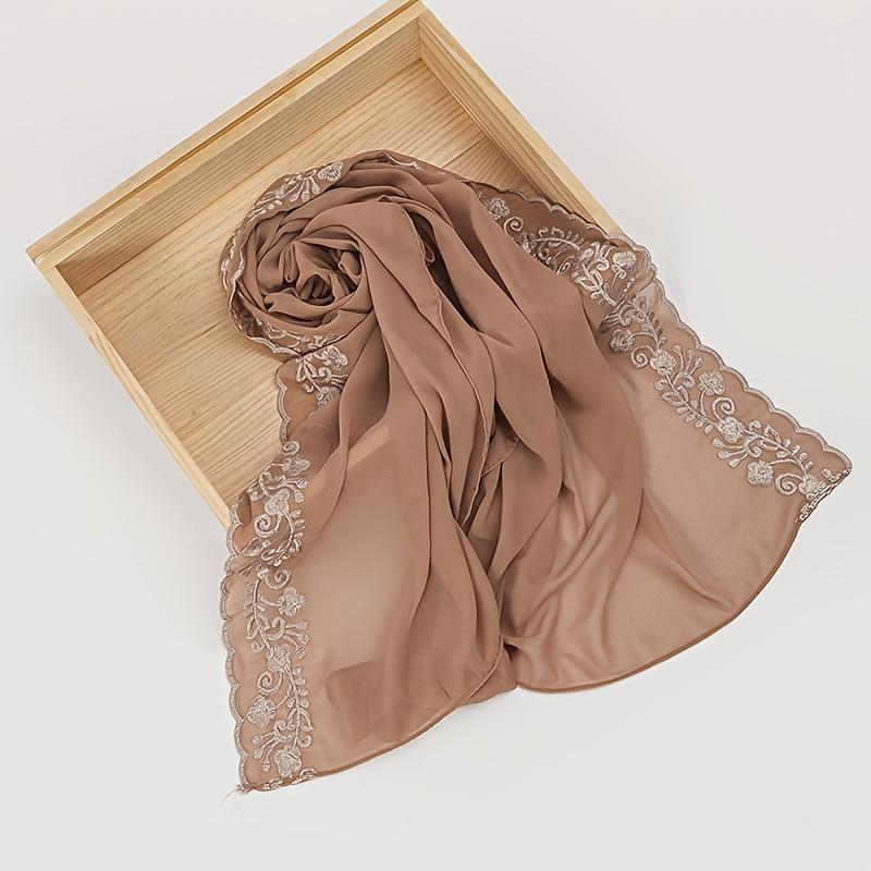1pc Women'S Solid Color Pearl Chiffon Scarf With Clover Embroidery And Lace Trim, Fashionable And Elegant Headscarf For Malaysia And Indonesia