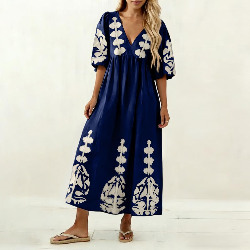 Abito Casual da Donna alla Moda con Scollo a V, Maniche a Bolla, Stampa Floreale, Vestibilità Larga, Schiena Svuotata, Manica a Tre Quarti