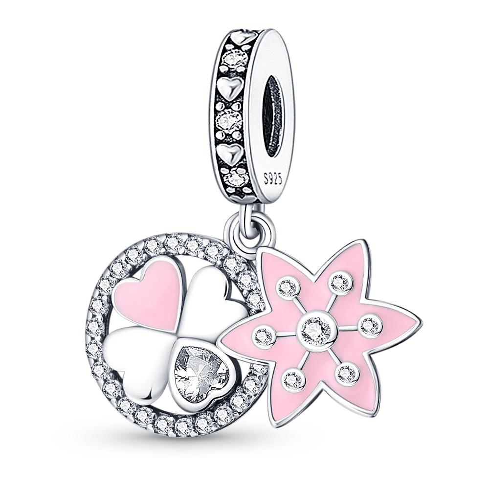 Authentic Copper Green Four-Leaf Clover Pink Design Pendant Fit Original Bracelet Jewelry Charm Bead Set Necklace Diy Female Jewelry