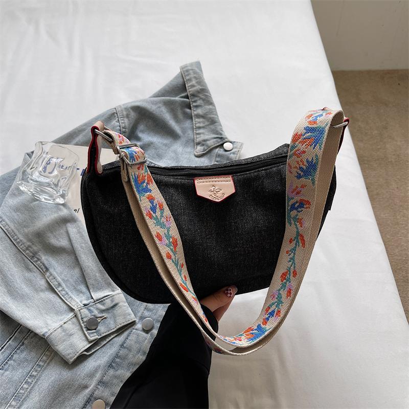 Denim Moon Bag with Colorful Strap Women's Crossbody Bag Fashionable Shoulder Bag Casual Daily Use Design