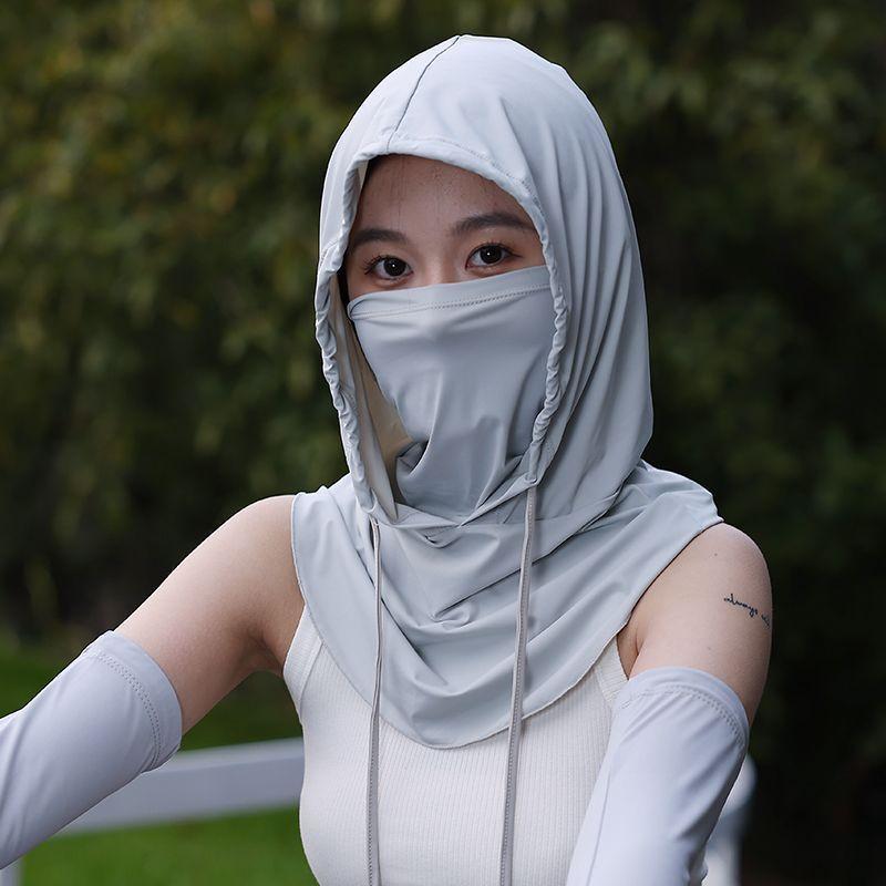 

Cycling No Blowing Hat Women s 2025 New Arrival Summer Ice Silk Sun Protection Mask Mask Integrated Neck Protection Headgear Drawstring hat light gray [no ventilation holes]]