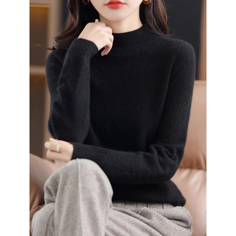 Women's Slim-Fit Autumn Sweater, Fashionable Half-High Neck, Versatile Pure Wool for Layering or Outerwear, Skin-Friendly.