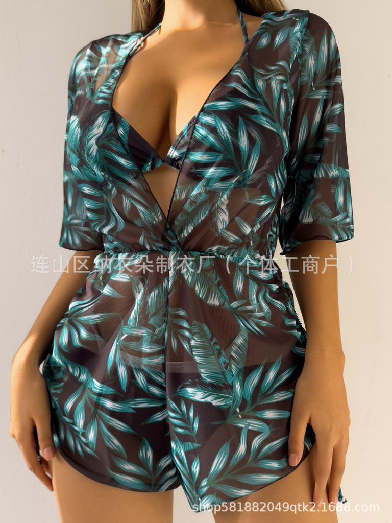 Swimsuit Beach Sunscreen Tropical Plant Printed Blouse Swimsuit Women's Three-piece Neck Bikini