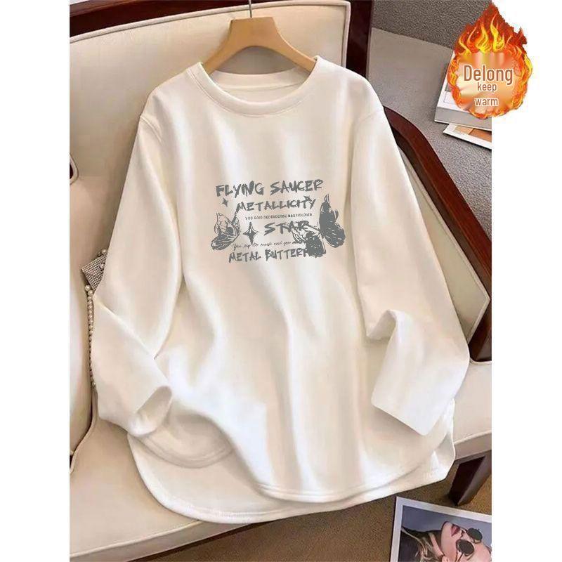 Women's Loose Plush Base Layer Mid-Length Split Long-Sleeve Tee