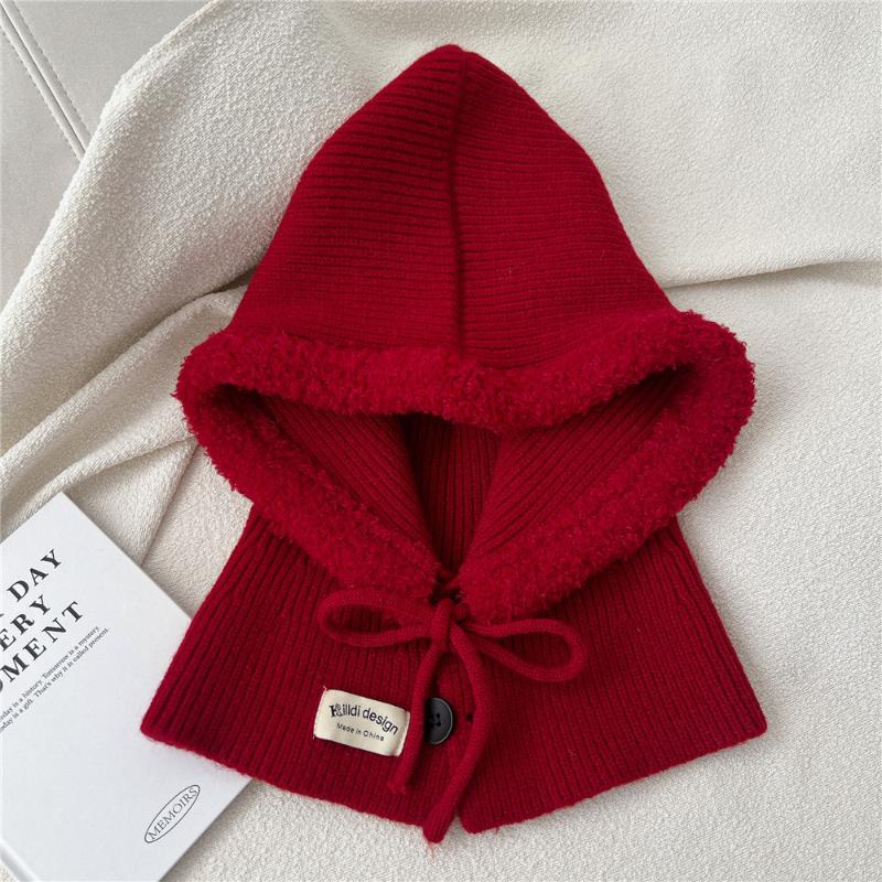 Women'S Drawstring Faux Collar Balaclava Hat,Outdoor Warm Knitted Face Neck Protective Hood Cape,For Winter Cold Protection