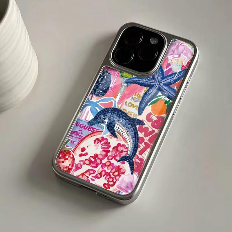 Custodia per Telefono Lusso con Motivo Delfino Stella Marina, Placcata Elettroliticamente, Colla a Goccia, per iPhone 17 Air 16 Pro Max 15 14 Plus 13 12 11, Cover Posteriore