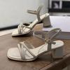Sandals for women in summer 2025 fashionable mid heel with a single buckle strap and French style open toed high heels