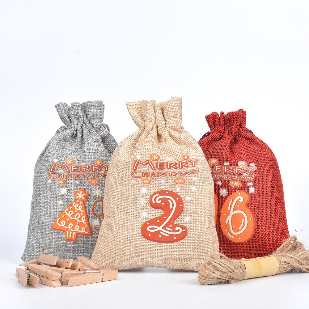 24pcs Countdown Drawstring Bag Linen Drawstring Bag Christmas Arrival Calendar Christmas Gift Bag 24-digit Cloth Bag