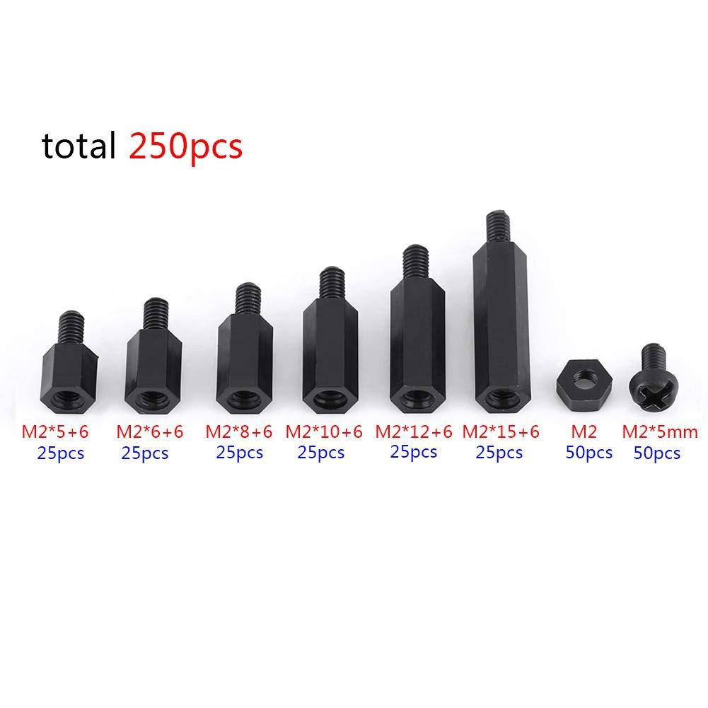 250pcs Plastic Shims Standoffs Nylon Spacer Nylon M2 M3 Male Female Hex Column Standoff Screws Nuts Assortment Kit, for Communication Electroplating