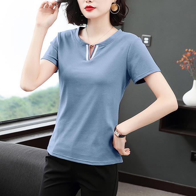 Women's V-Neck Loose Fit Summer T-Shirt - Korean Style Plus Size Solid Color Top