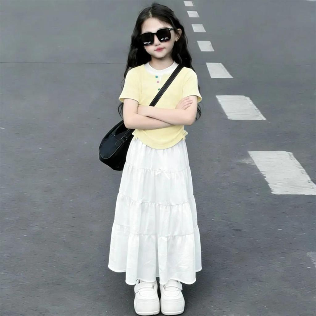 Girls' Summer Patchwork Short-Sleeve Skirt Set - Korean Casual Sweet Two-Piece Cake Skirt