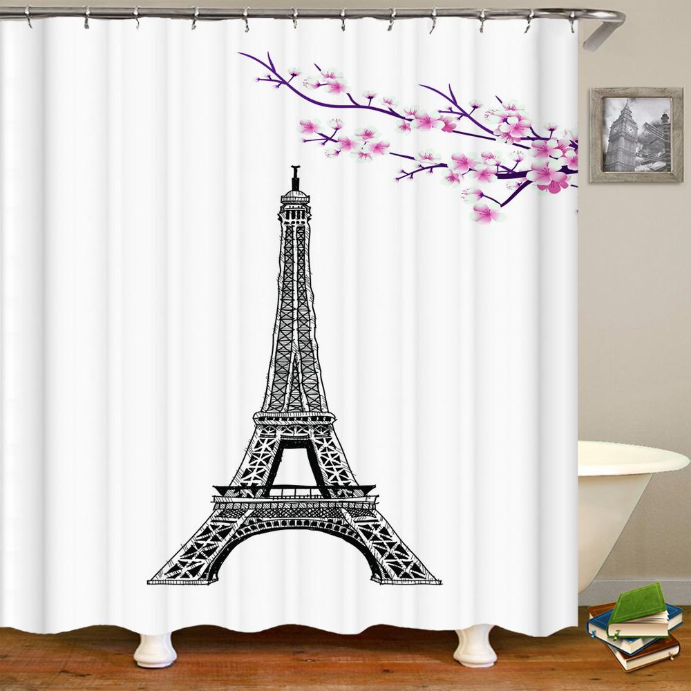 

3d Shower Curtains Flowers Paris Tower Waterproof Bathroom Curtain With 12 Hooks Home Decoration Washable Polyester Bath Screen W90xH180cm