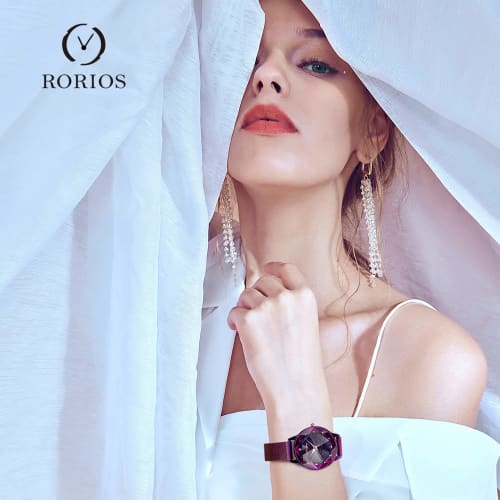 RORIOS Starry Sky Watch, Sparkling Women's Quartz Watch with Breathable Magnetic Mesh Band, Analog Watch, Perfect Christmas Gift, Purple