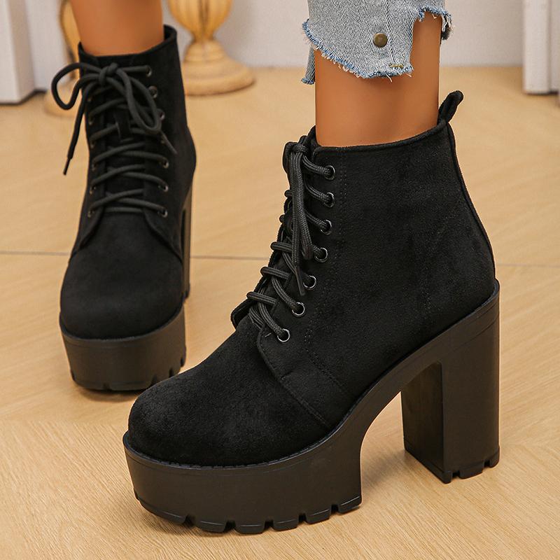 Black Thick High Heels Ankle Boots Women Plus Size 42 Lace Up Short Booties Vintage Chunky Platform Flock Boots Woman