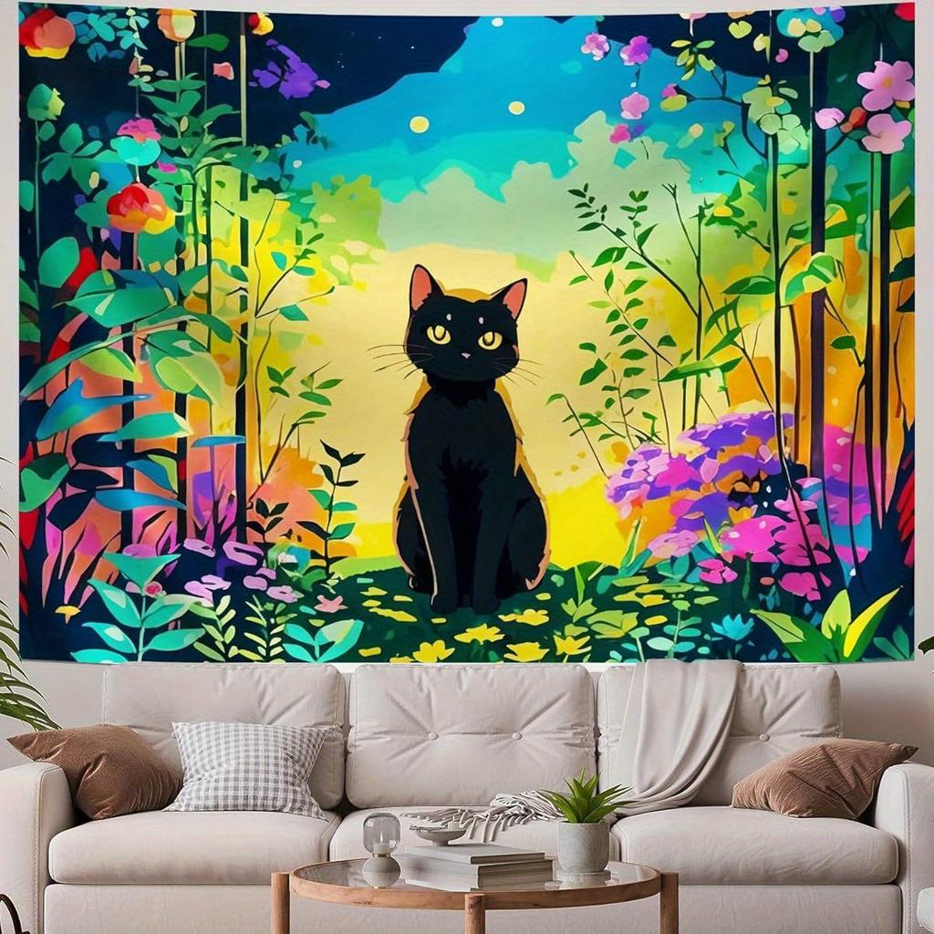 Enchanting Black Cat in Vibrant Forest Tapestry Wall Decor for Bedroom Living Room Cozy Atmosphere and Unique Style Enhancement