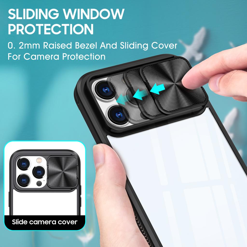 For iPhone 16 Pro Case TPU+PC Clear Phone Cover with CD-Veins Camera Lens Sliding Lid