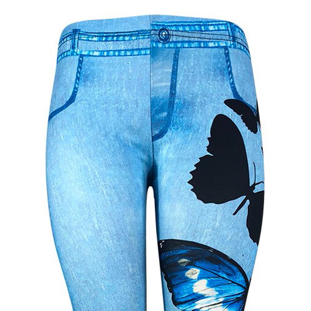 New Women Fashion Plus Size Butterfly Print Skinny Casual Faux Denim Long Pants
