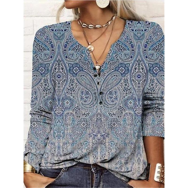 Autumn Winter Women's Long Sleeved Printed V-neck Loose T-shirt for Women