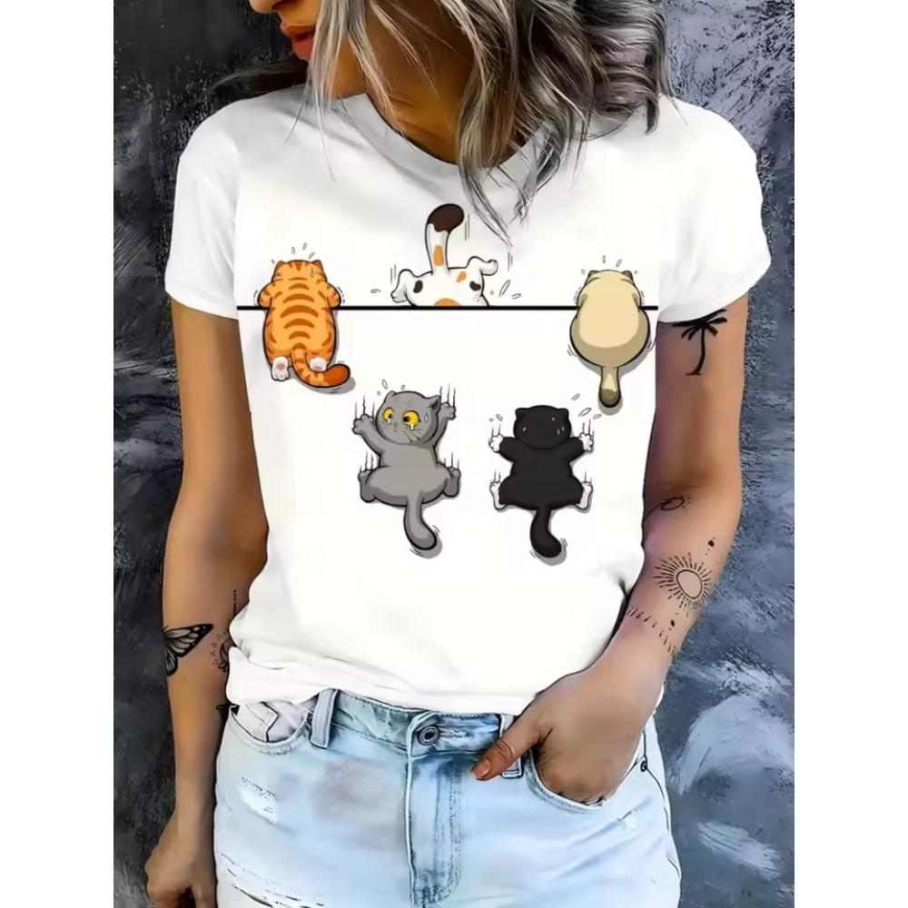 Ladies Summer Fun Cat Printed Large Loose Casual T-shirt Fashionable Comfortable Soft Breathable Short Sleeved T-shirt