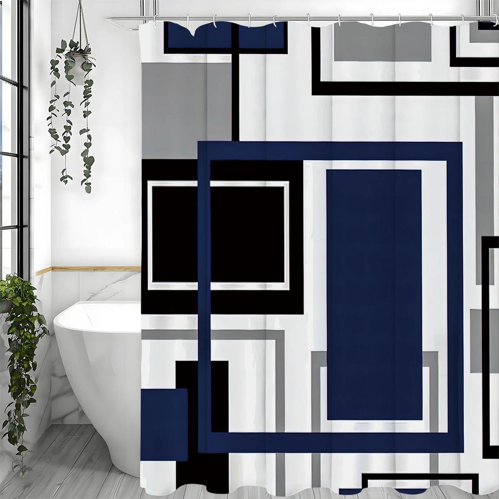Blue Geometric Shower Curtain – Navy, Black & Gray Modern Design, Waterproof Bathroom Decor
