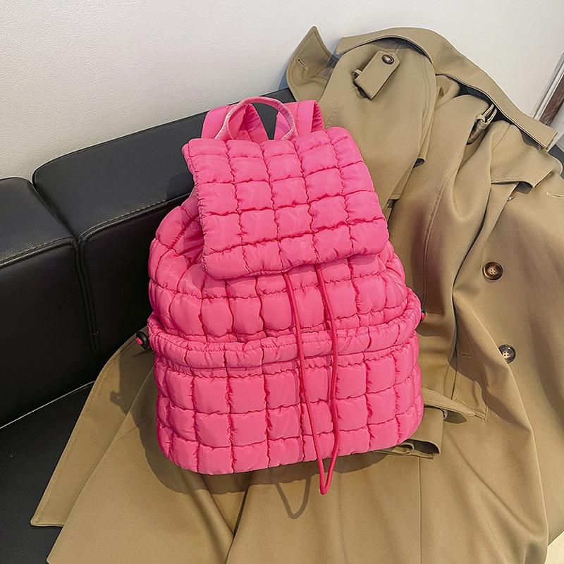 Niche casual simple design women's summer wind backpack pleated cloud fashion down cotton plaid drawstring backpack