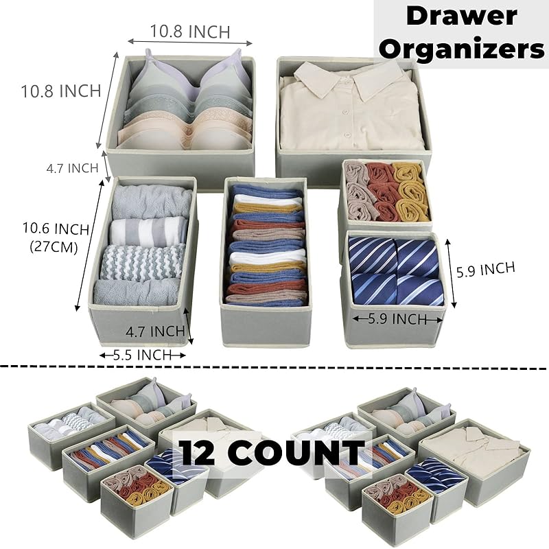 12 Pack Drawer Organizer for Clothing, Foldable Cloth Drawer Dividers Storage Bins, Clothes Drawer Organizer for Underwe серый