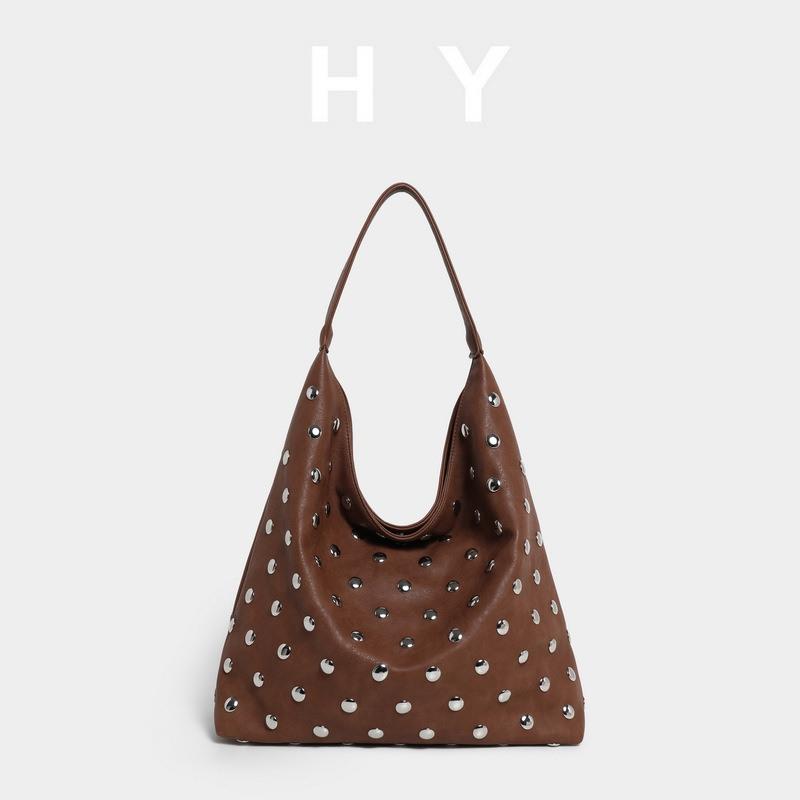

Fashion Hollow Rivet Large Capacity Tote Bag Hobos Women Handbags Luxury Soft Pu Leather Shoulder Bags Trend Big Shopper Purses коричневий